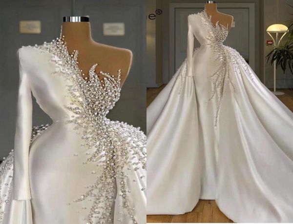 

gorgeous dubai arabic mermaid wedding gowns with detachable train elegant satin pearls formal church bridal dress one shoulder lon6716263, White