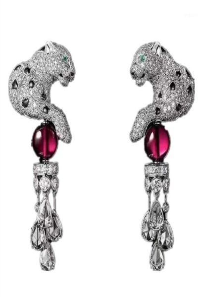 

dangle chandelier s925 leopard animal earring paved cubic zirconia panther waterdrop tassel with crystal ball earrings for women2288472, Silver
