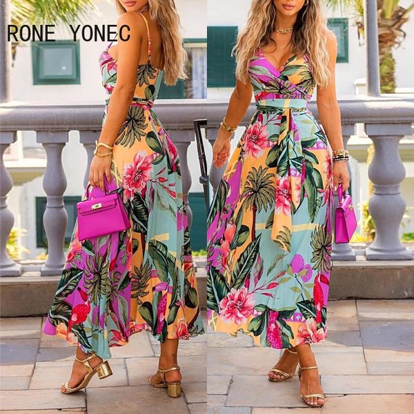 

dresses women elegant spaghetti straps floral print deep v neck maxi casual party dresses, Black;gray