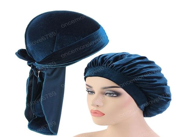 

velvet durag and bonnet 2pcs set hats for women sleep cap and men doo rag bonnet cap comfortable velvet sleeping hat beanies1820229, Blue;gray
