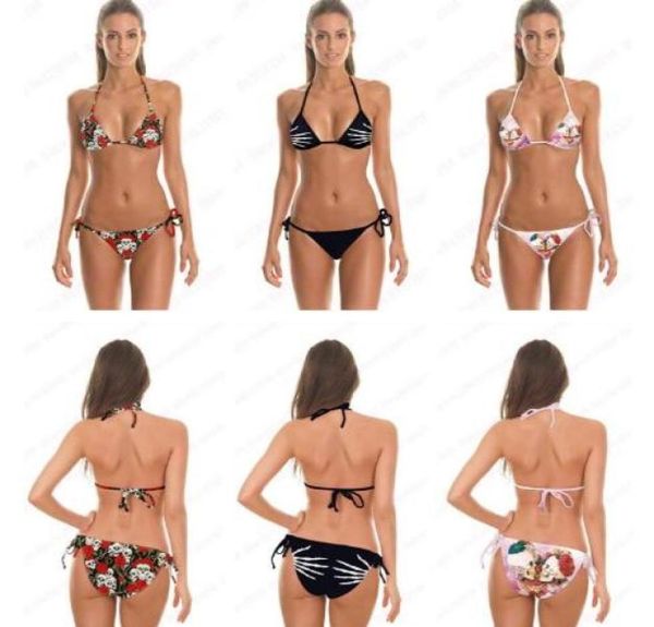 

3d print skull bikini set colorful flower skull kiss two piece swimsuits skull fingers womens bandage beachwear 596550