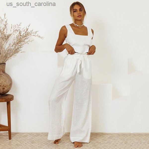 

camis women casual outfit solid summer fashion cotton tank loose high waisted wide leg pants two pieces set 2023 new matching sets l230522, White