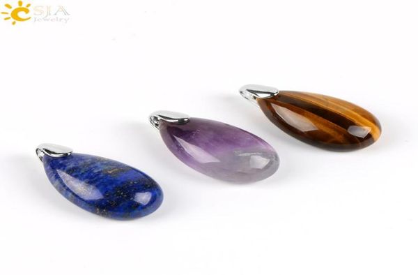 

csja natural gemstone water drop necklaces pendants charms tiger eye lapis lazuli clear crystal opal reiki healing jewellery gift 7522864, Silver
