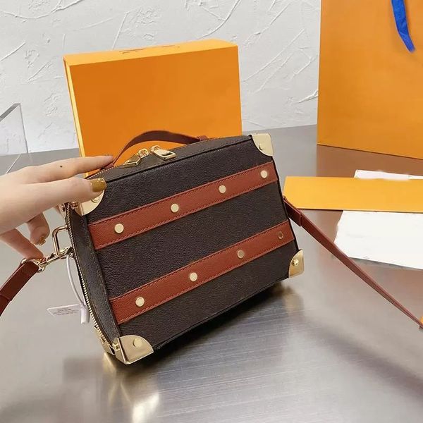 

2023 handle trunk bag handbag purse tote travel luggage box crossbody bags genuine leather classic letter golden metal corners rivets remova, Black;red