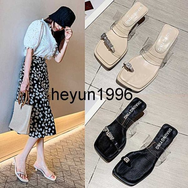 

clamping for women in summer wearing ins fairy style square head medium thick toe transparent high heel rhinestone sandals, Black