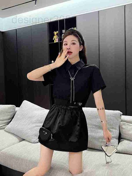

two piece dress designer triangle fashion casual set women's metal chain decoration polo neck short sleeve shirt high waist skirt pants, White