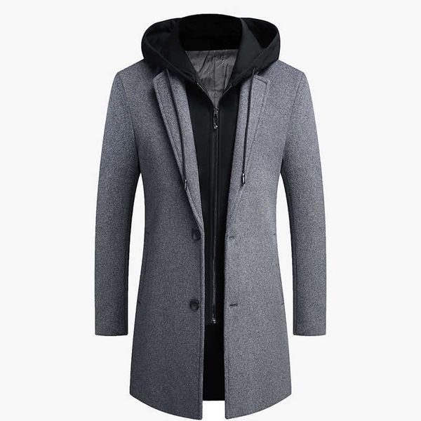 

custom autumn winter warm korean casual woolen coat midlength slim detachable men's hooded coats f, Black