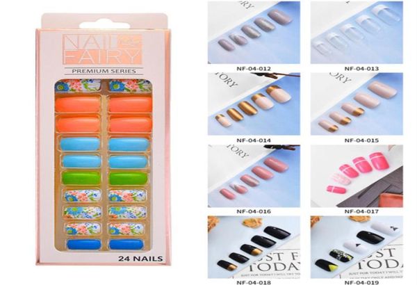 

false nails art fake nail tips set full cover artificial square with jelly glue display short press on coffin 24pcsset9390619, Red;gold