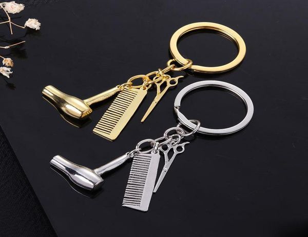 

fashion haircut scissor comb hair dryer keychain key ring charm silver gold plated key chain bag hangs fashion jewelry8284040