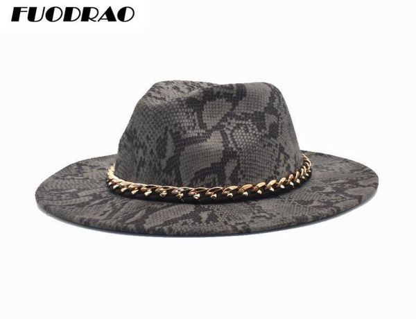 

wide brim hats fuodrao wool fedoras women autumn winter snake print chain panama jazz caps vintage cowboy hat men f11312084360, Blue;gray