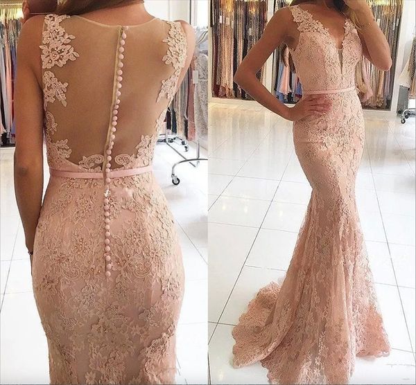 

new v-neck evening dresses wear illusion lace appliques beaded blush pink mermaid long sheer back formal party dress prom gowns, Black;red