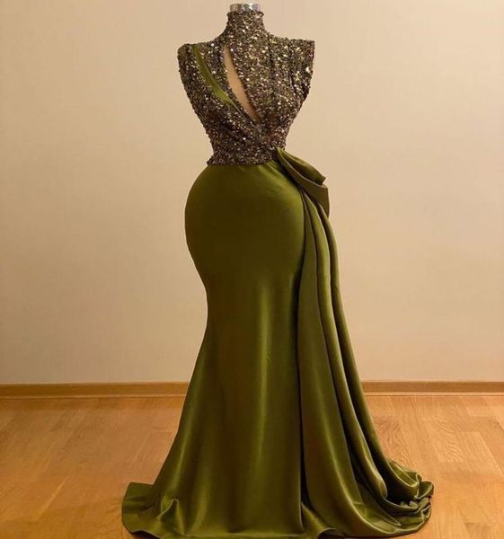 

2021 plus size arabic aso ebi mermaid sequined prom dresses high neck satin evening formal party second reception gowns dress7373120, Black