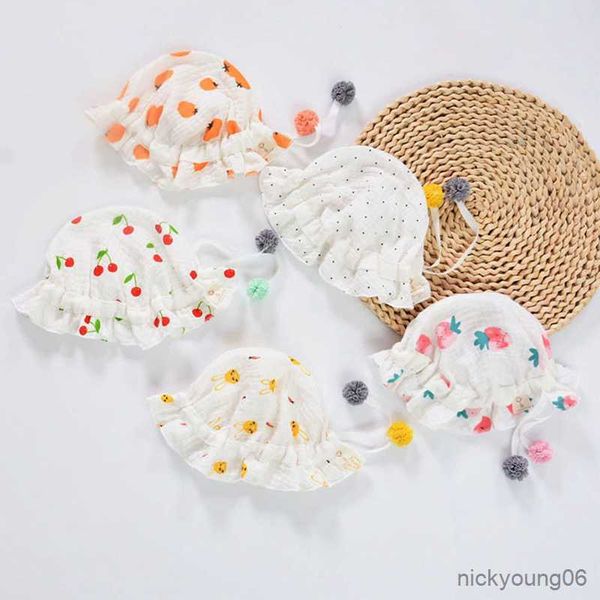 

hair accessories soft cotton gauze baby hat cute dot fruit print infant girls bucket hats for kids outdoor travel fisherman cap, Slivery;white