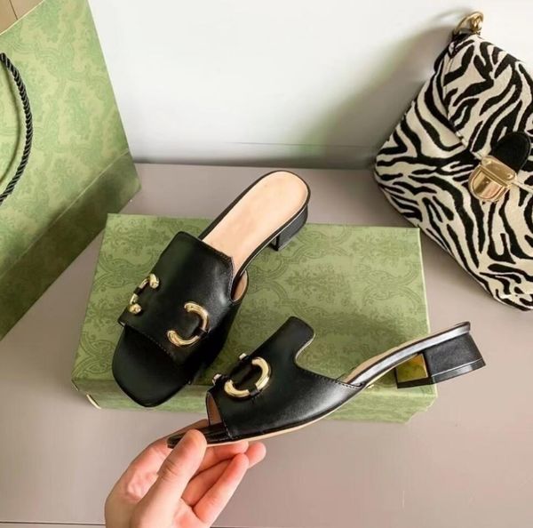 

designer new style chunky heels slipper womens leather outdoor leisure beach shoes summer fashion classic printing high-heeled sandals flat, Black