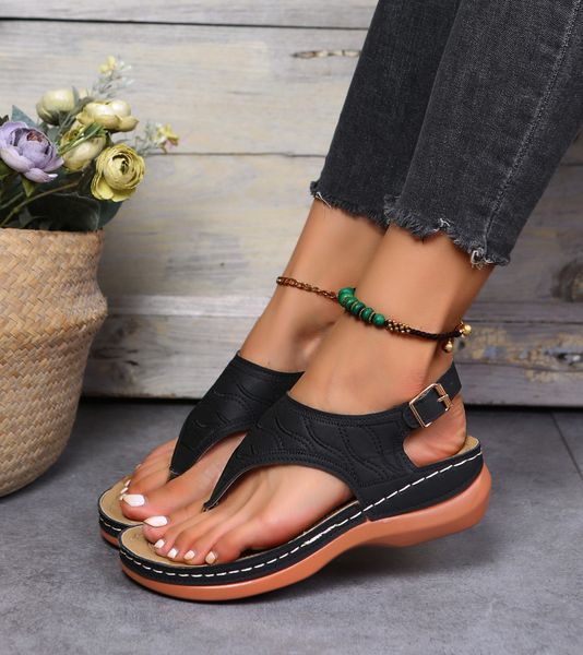 

casual sandal women's wedge heel solid color flip flop summer sandals, Black