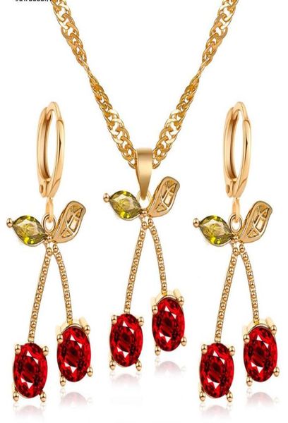 

2020 new crystal cherry jewelry set for bridal wedding jewelry golden plated red cherry pendant earrings necklace sets2605712, White