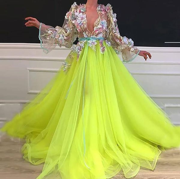 

lemon green long sleeve deep v-neck prom dresses 2023 robe de soiree 3d flowers tulle elegant fairy evening gown, Black;red