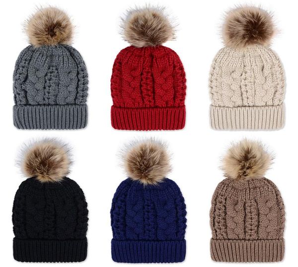 

winter thick double layer colorful snow caps wool knitted beanie hat with artificial raccoon fur pom poms for women men hip hop ca9121137, Blue;gray