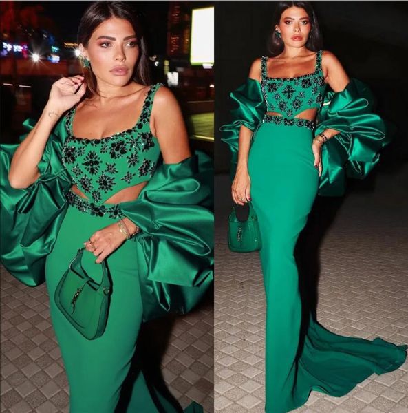 

arabic aso ebi mermaid crystals prom dresses with wrap two pieces hunter green beaded stain evening reception dress wear, Black