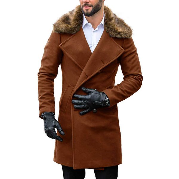 

men's winter trench overcoat removable faux fur collar coat double breasted business long pea coat od, Black