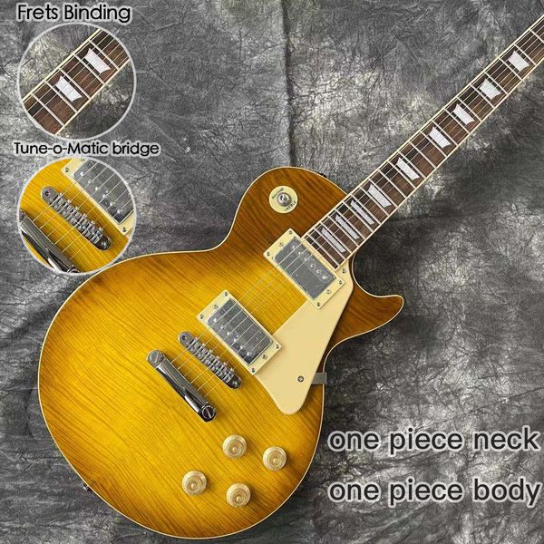 

standard electric guitar one neck one body, tiger flame mahogany body, auto tuning bridge, fretting connection