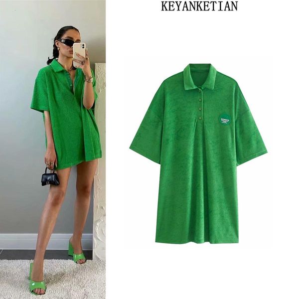 

dresses keyanketian za towel fabric green dress pullover lapel polo collar loose short skirt fashion mid length top, Black;gray