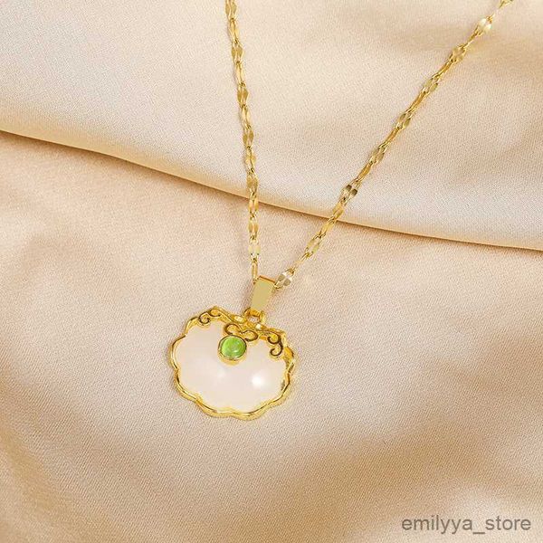 

pendant necklaces elegant lucky white stone longevity lock pendant stainless steel necklaces for women female short chain jewelry, Silver