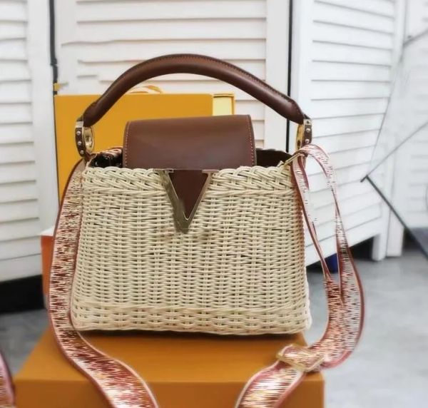 

rattan plaited totes metal fashion womens simple elegance letter printing shoulder straps zipper design brandbraiding