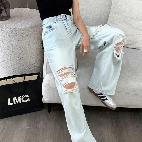 

youmanti light sky silk jeans women's summer new minimalist high waist perforated straight leg long pants, Blue