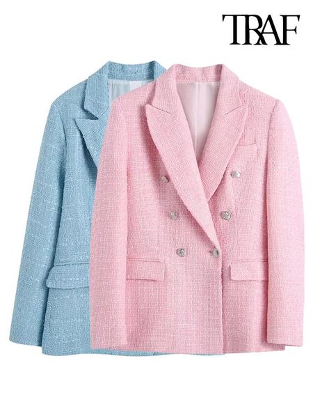 

pants traf women fashion tweed double breasted blazer coat vintage long sleeve flap pockets female outerwear chic veste femme, White