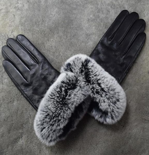 

female winter leather gloves with plush touch screen rex rabbit fur mouth korean version cycling cold proof and warm sheepskin spl8991335, Blue;gray