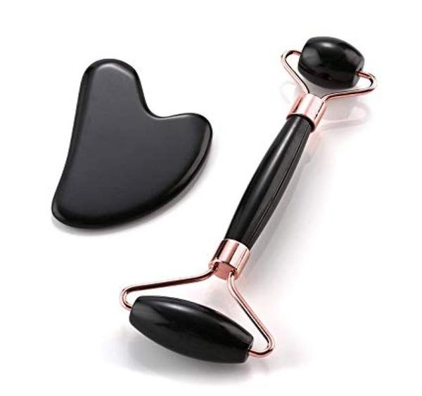 

100 natural black obsidian roller massager and gua sha scraping tool anti aging face roller massag set8170400
