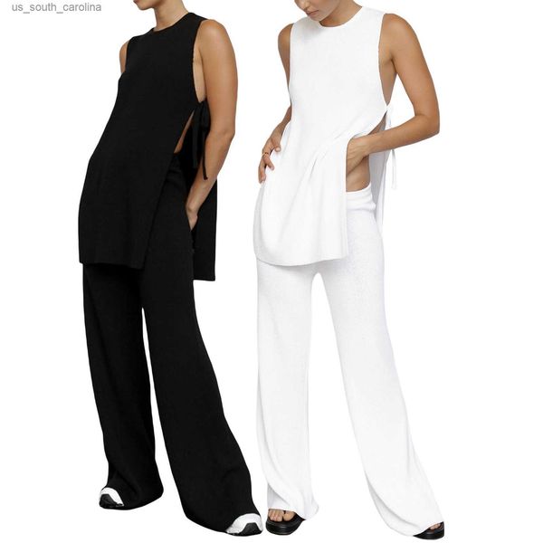 

camis womens 2 piece summer outfits sleeveless side tie-up tank + long pants set loungewear l230522, White