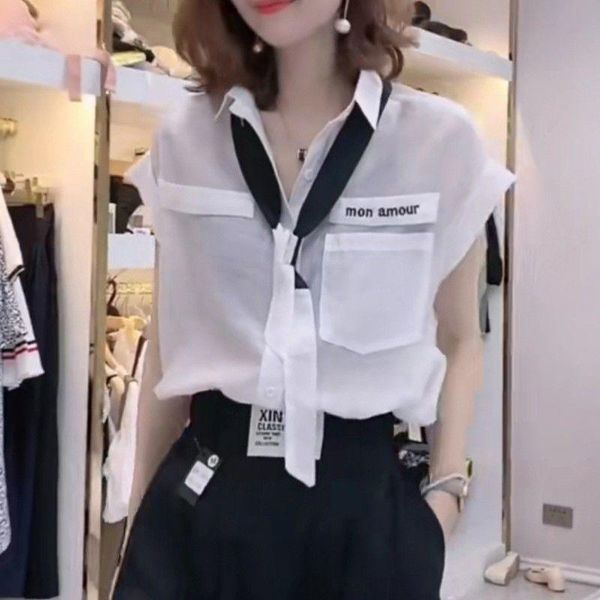 

shirts office lady turndown collar summer shirt stylish pockets patchwork female clothing elegant drawstring solid color loose blouse, White
