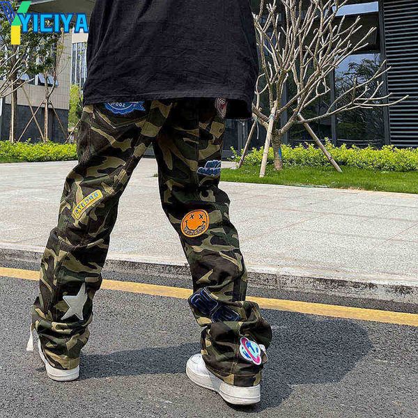 

yiciya high street camouflage jeans mens embroidered patch men's streetwear fashion brand american hip hop straight casual cargo pants, Black