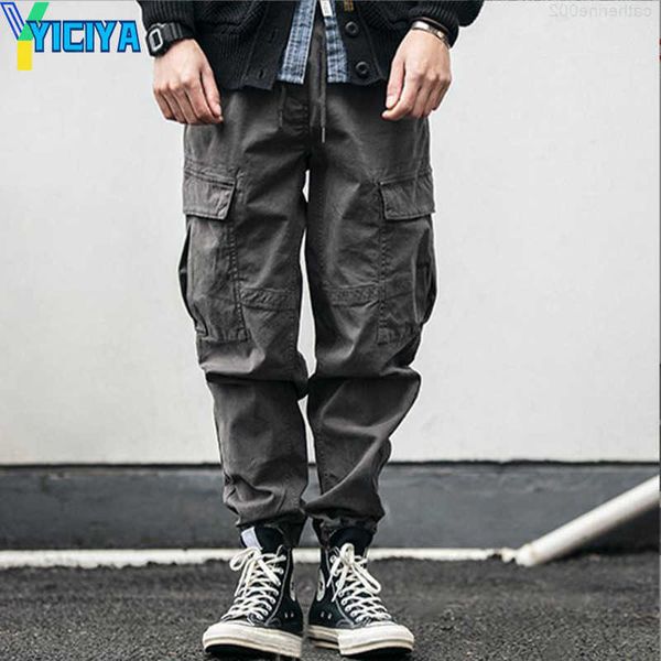 

yiciya vintage cargo pants for men jogging washed overalls solid casual outdoor trend spring autumn streetwear men's pocket pants, Black