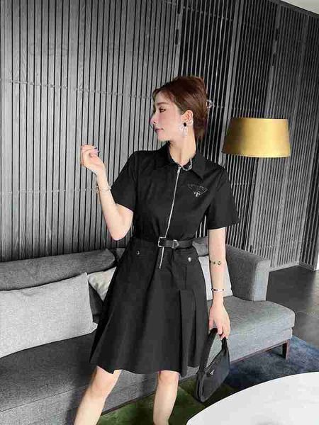 

basic & casual dresses designer 2023 summer new belt decoration triangle polo neck short sleeve dress slim fit a-line skirt h05r, Black;gray