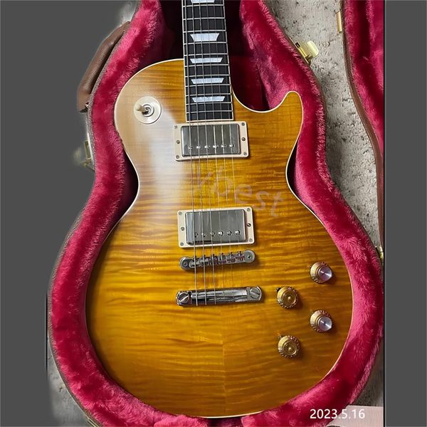 

electric guitar lemon color rich flame chrome cover pickups no pickguard tune o matic bridge and stail bone nut rosewood