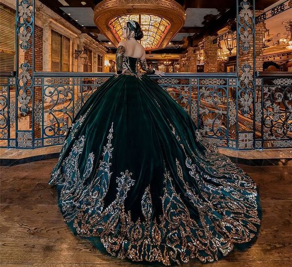 

dark green velvet gold sequin applique ball gown quinceanera dress 2023 three quarter sleeves sweet 15 16 dress corset prom formal gown vest, Blue;red