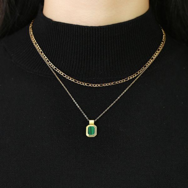 

women's double layer necklace personalized and trendy stainless steel square shell acrylic pendant necklace with extended chain jewelry, Silver