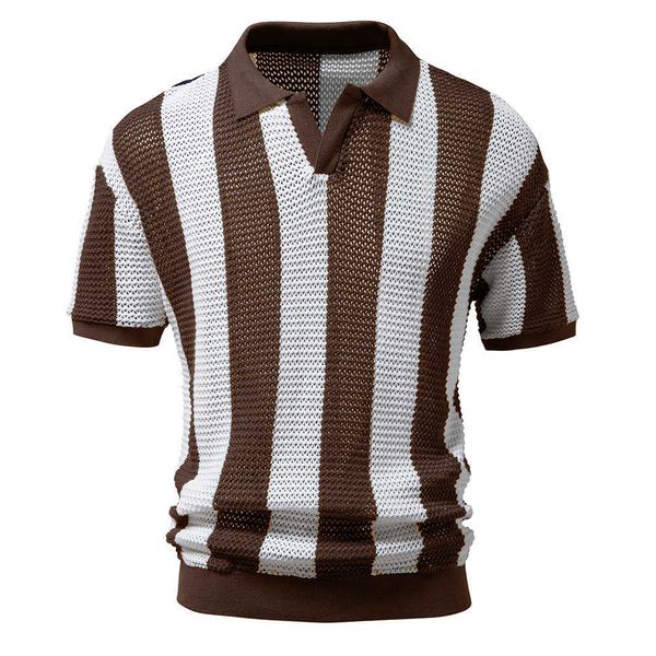 

summer turtleneck mesh shirt short sleeved fishing net clothes trend men's striped polo shirt ph, White;black