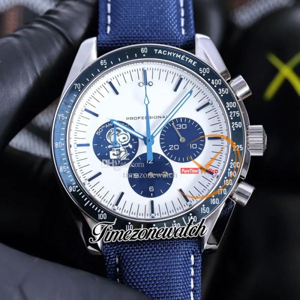 

new 42mm snoop award 50th anniversary os quartz chronograph mens watch 310.32.42.50.02.001 blue ceramic bezel white dial nylon strap satch w, Slivery;brown