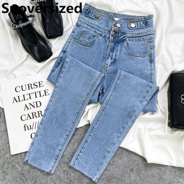 

jeans women's super high waist anklelength 90cm pencil jeans fashion streetwear multiple buckles pants slim stretch skinny vaqueros, Blue