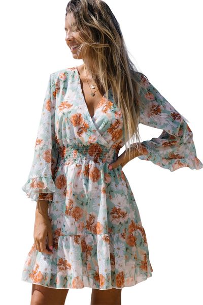 

fast shipping summer clothing dresses women floral print v neck wrap mini dress, White