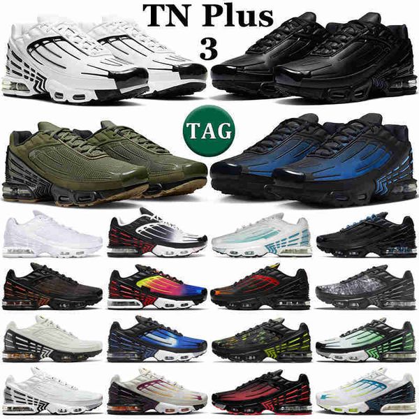 

2023 tn plus 3 tuned running shoes for men triple white leather black laser blue gradient olive crimson red graphic summer nights mens train, White;red