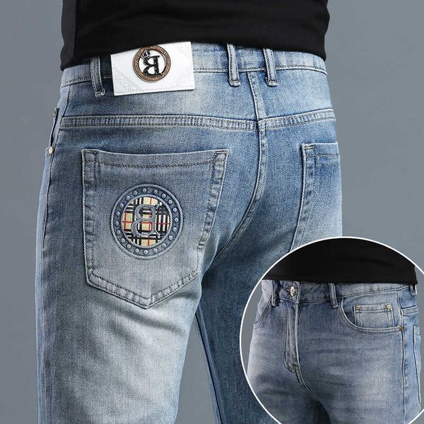 

8a original b urberry shorts and pants online shop spring summer new jeans men's light luxury korean version thin elastic feet slim fit, Blue