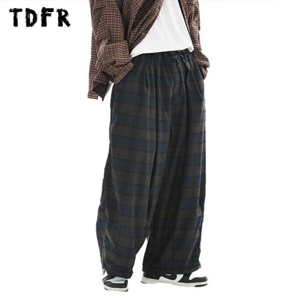 

pants plaid woolen casual pants mens retro streetwear drawstring elastic waist loose wide leg trousers men, Black