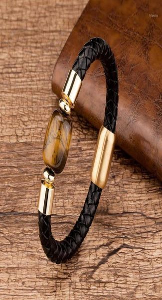 

charm bracelets fashion mens jewelry handmade natural oval stone genuine leather gold stainless steel magnetic clasp for male bang3897944, Golden;silver