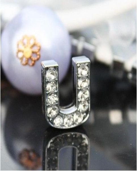 

50pcslot 10mm u full rhinestones bling slide letter diy alloy charms fit for 10mm wristband bracelet 00324281726, Bronze;silver