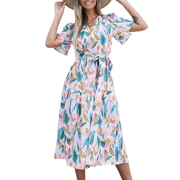 

multicolor v neck short sleeves boho tropical print long dress, White